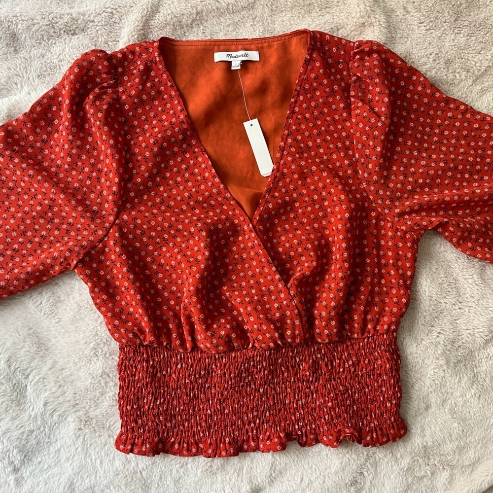 NWT Madewell Julianne Smocked-Waist Top Red Size S - Picture 7 of 10